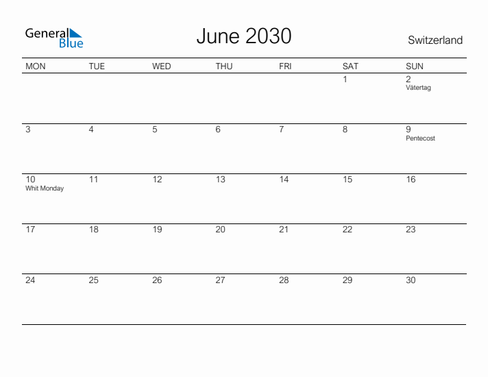 Printable June 2030 Calendar for Switzerland