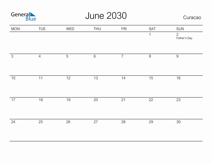 Printable June 2030 Calendar for Curacao