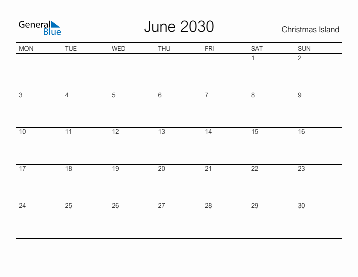 Printable June 2030 Calendar for Christmas Island