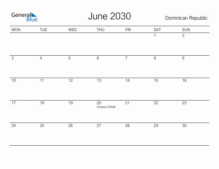 Printable June 2030 Calendar for Dominican Republic