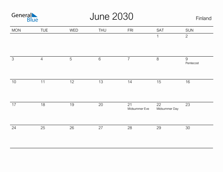 Printable June 2030 Calendar for Finland