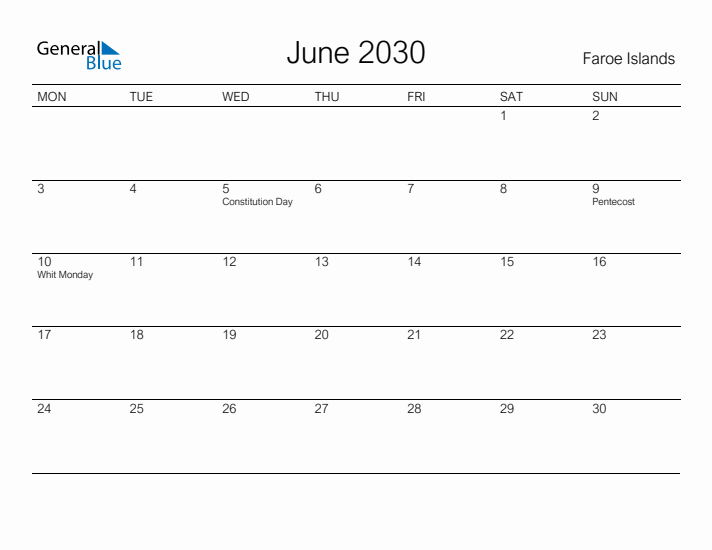 Printable June 2030 Calendar for Faroe Islands