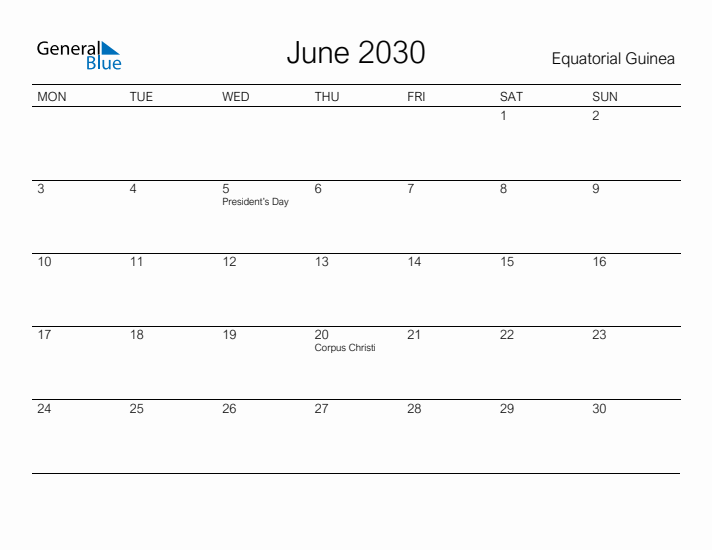 Printable June 2030 Calendar for Equatorial Guinea