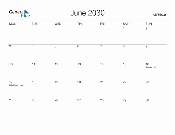 Printable June 2030 Calendar for Greece