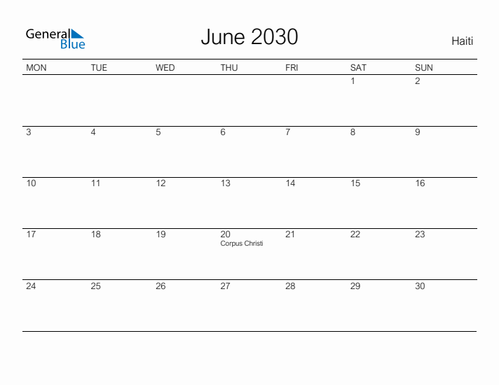 Printable June 2030 Calendar for Haiti