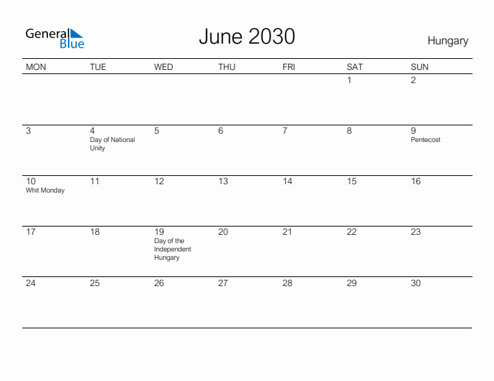 Printable June 2030 Calendar for Hungary