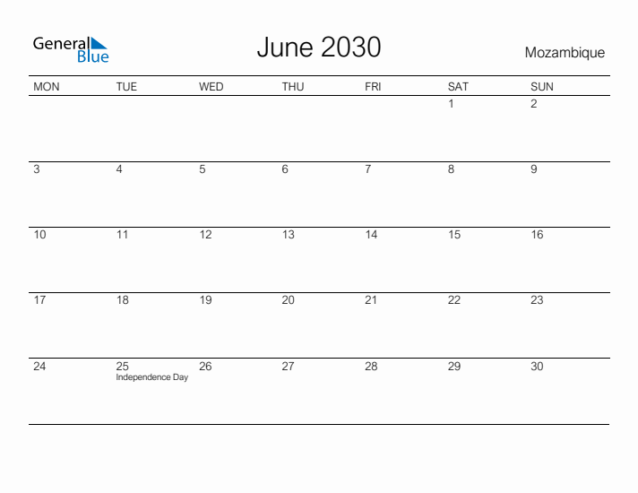 Printable June 2030 Calendar for Mozambique