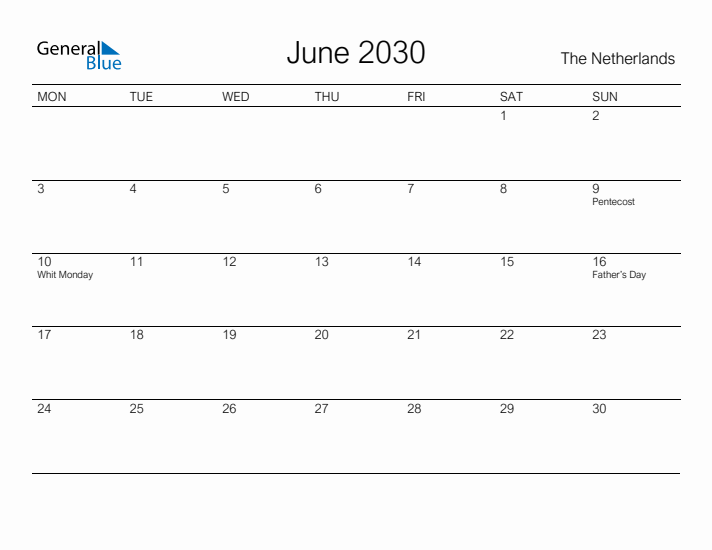 Printable June 2030 Calendar for The Netherlands