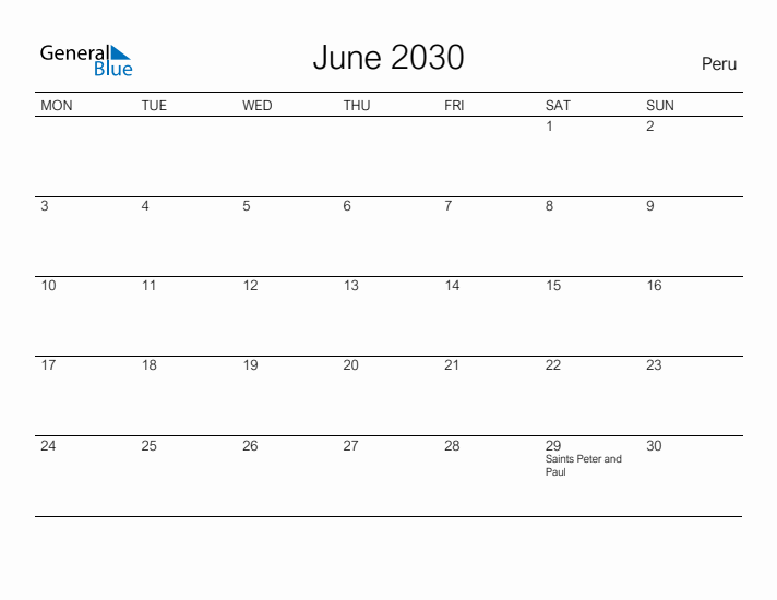 Printable June 2030 Calendar for Peru