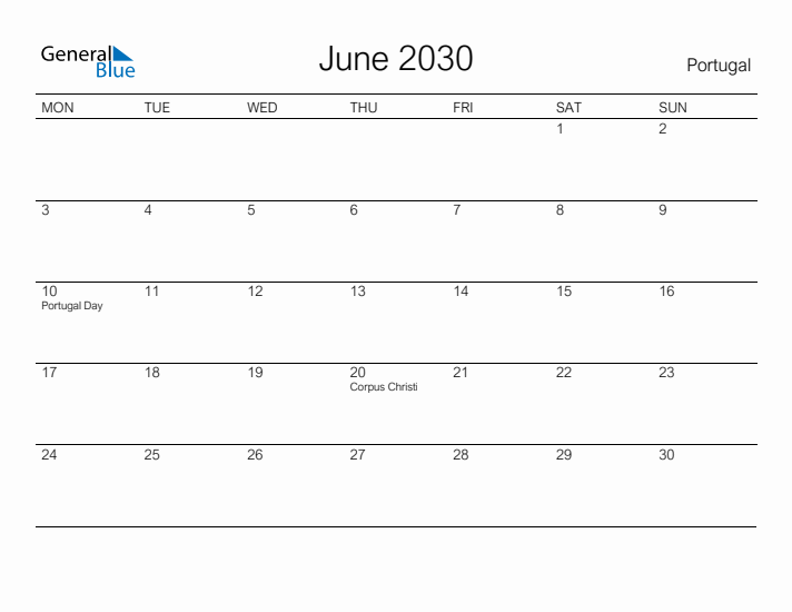 Printable June 2030 Calendar for Portugal