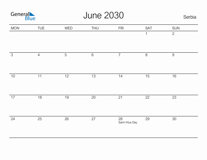 Printable June 2030 Calendar for Serbia