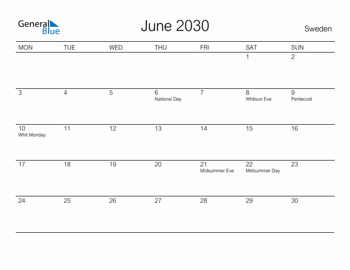 Printable June 2030 Calendar for Sweden