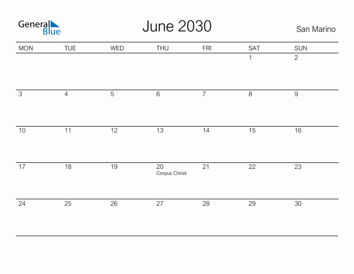 Printable June 2030 Calendar for San Marino