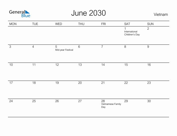 Printable June 2030 Calendar for Vietnam