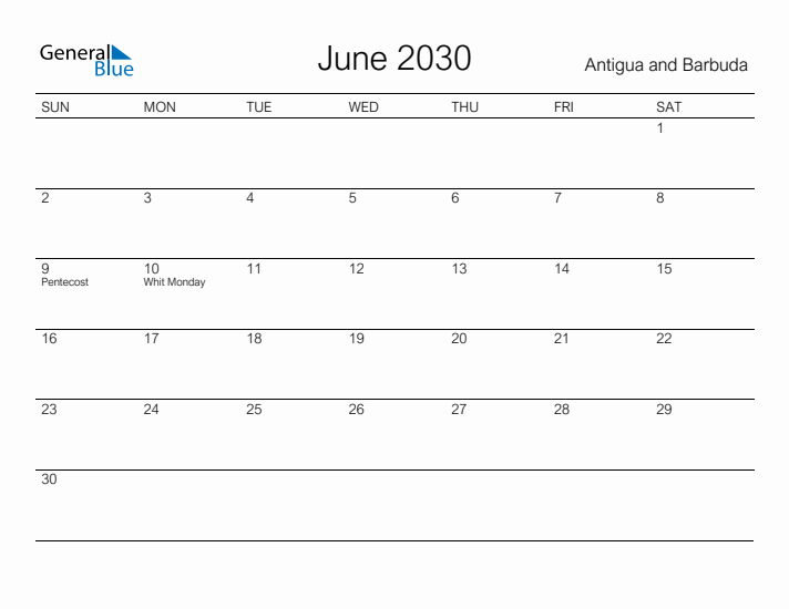 Printable June 2030 Calendar for Antigua and Barbuda