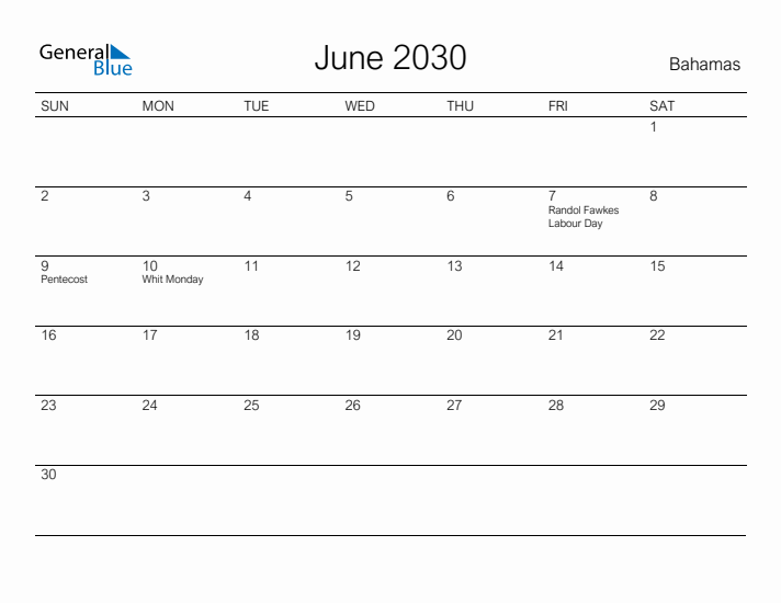 Printable June 2030 Calendar for Bahamas