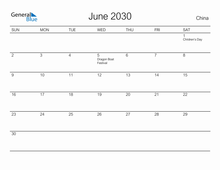 Printable June 2030 Calendar for China