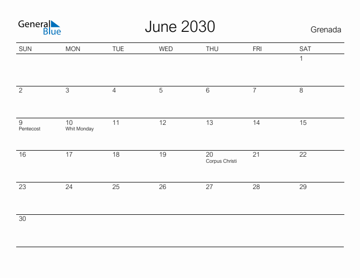 Printable June 2030 Calendar for Grenada