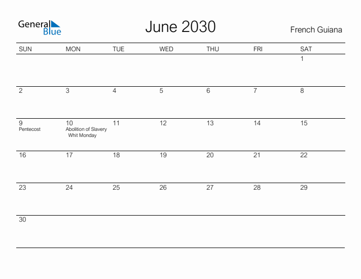 Printable June 2030 Calendar for French Guiana