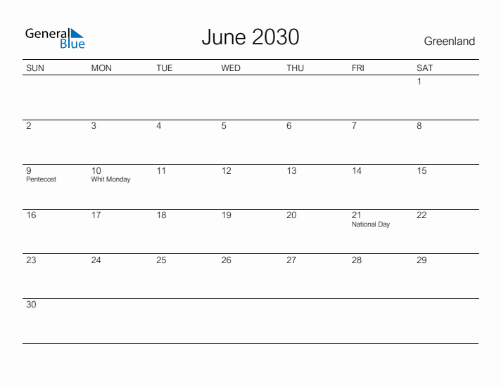 Printable June 2030 Calendar for Greenland