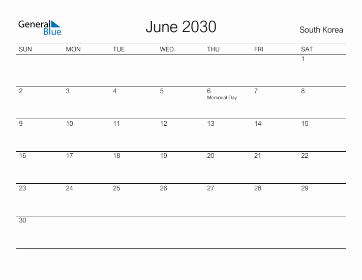 Printable June 2030 Calendar for South Korea