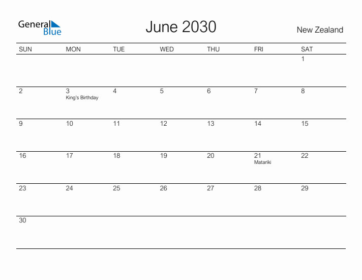 Printable June 2030 Calendar for New Zealand