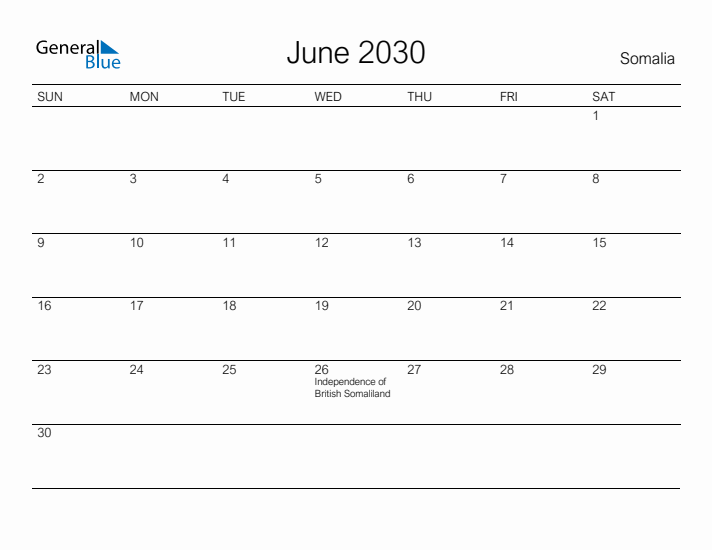 Printable June 2030 Calendar for Somalia