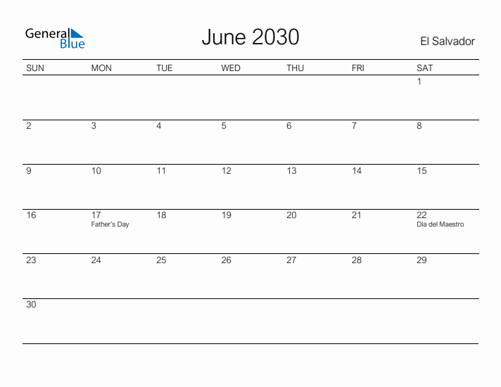 Printable June 2030 Calendar for El Salvador