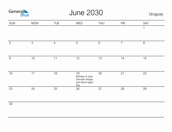 Printable June 2030 Calendar for Uruguay