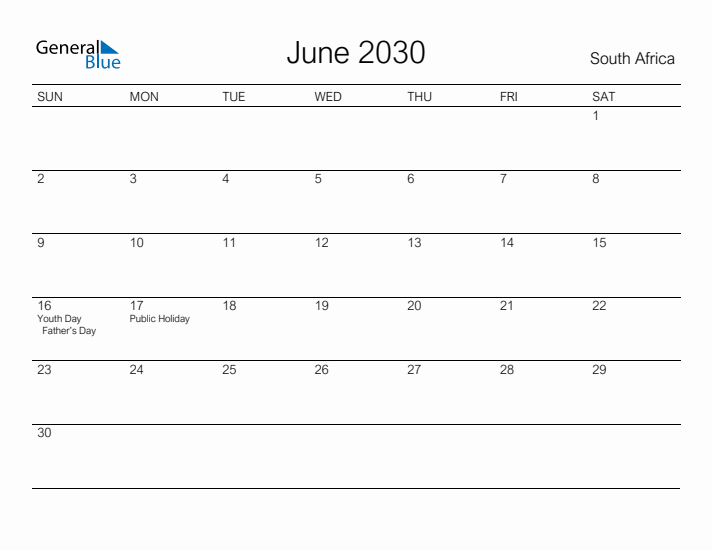 Printable June 2030 Calendar for South Africa