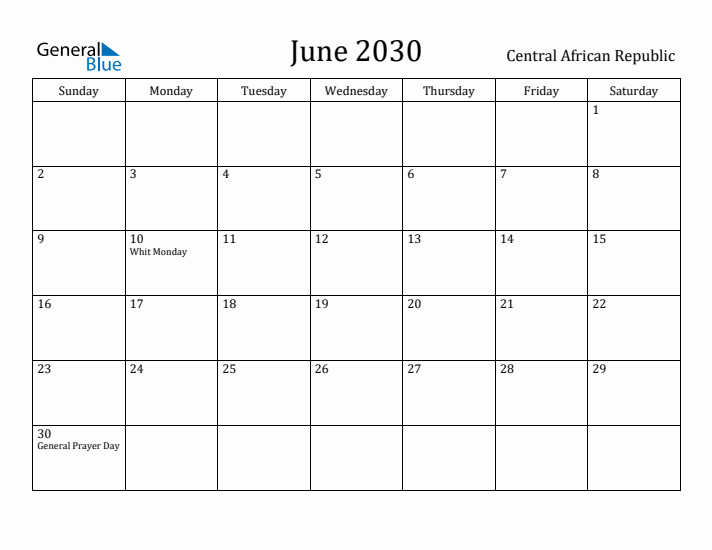 June 2030 Calendar Central African Republic