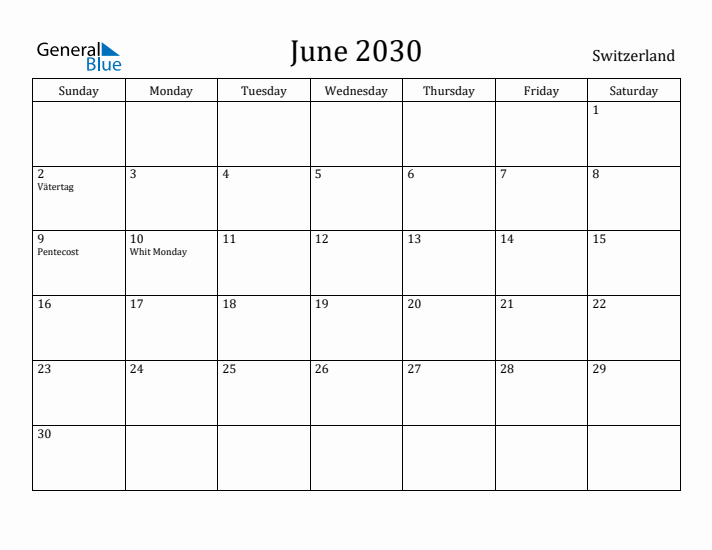 June 2030 Calendar Switzerland