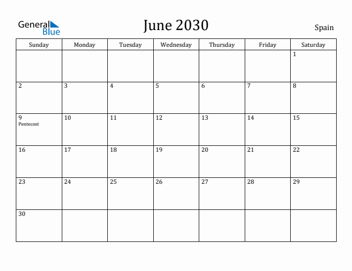 June 2030 Calendar Spain