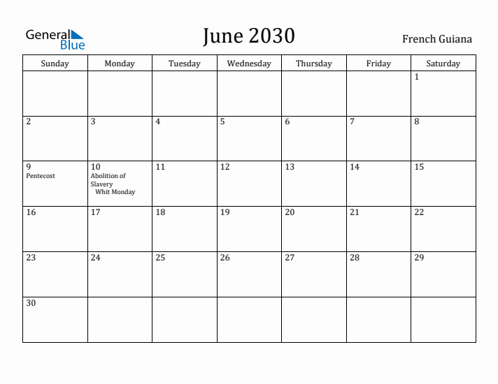 June 2030 Calendar French Guiana