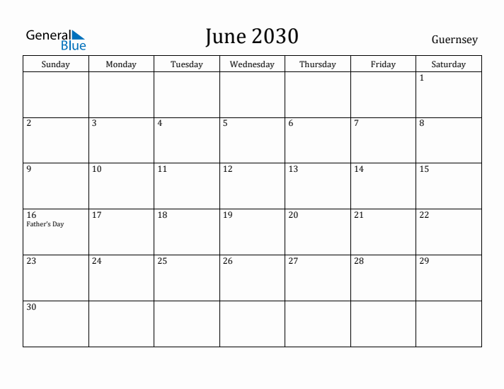 June 2030 Calendar Guernsey