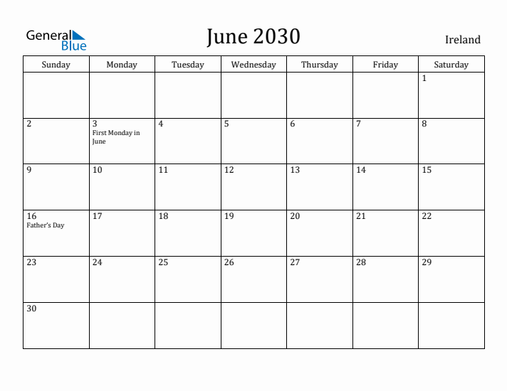 June 2030 Calendar Ireland