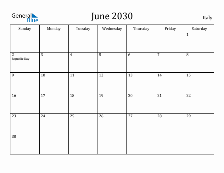 June 2030 Calendar Italy