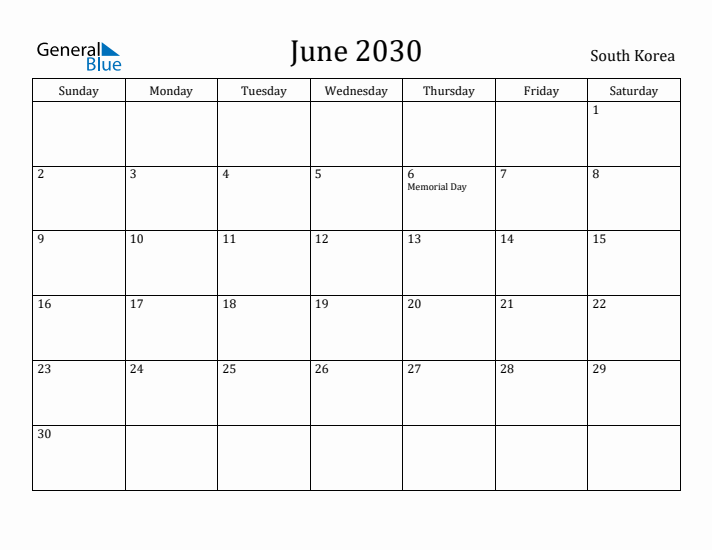 June 2030 Calendar South Korea