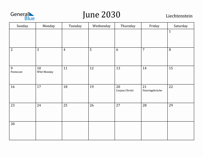 June 2030 Calendar Liechtenstein