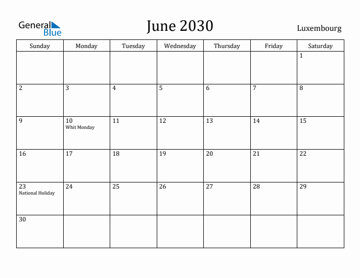 June 2030 Calendar Luxembourg