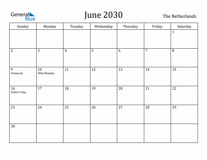 June 2030 Calendar The Netherlands