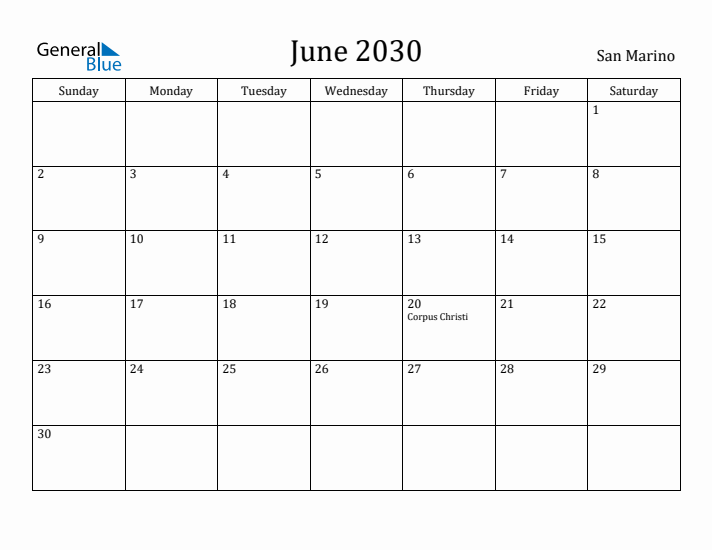 June 2030 Calendar San Marino