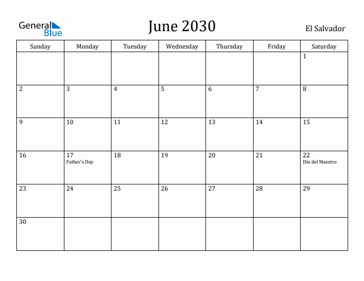 June 2030 Calendar El Salvador