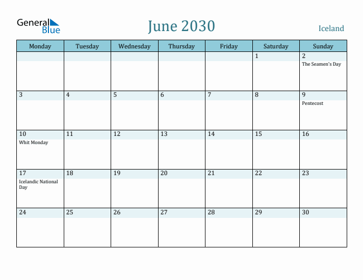 June 2030 Calendar with Holidays