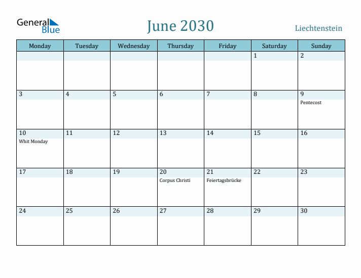 June 2030 Calendar with Holidays