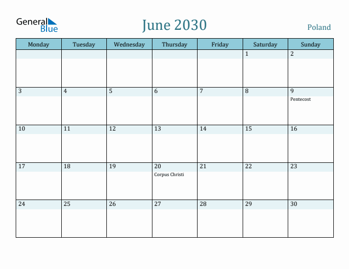 June 2030 Calendar with Holidays