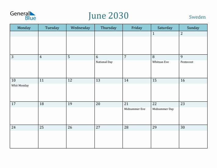 June 2030 Calendar with Holidays