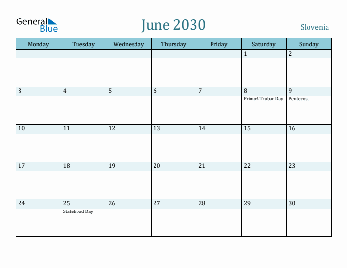 June 2030 Calendar with Holidays