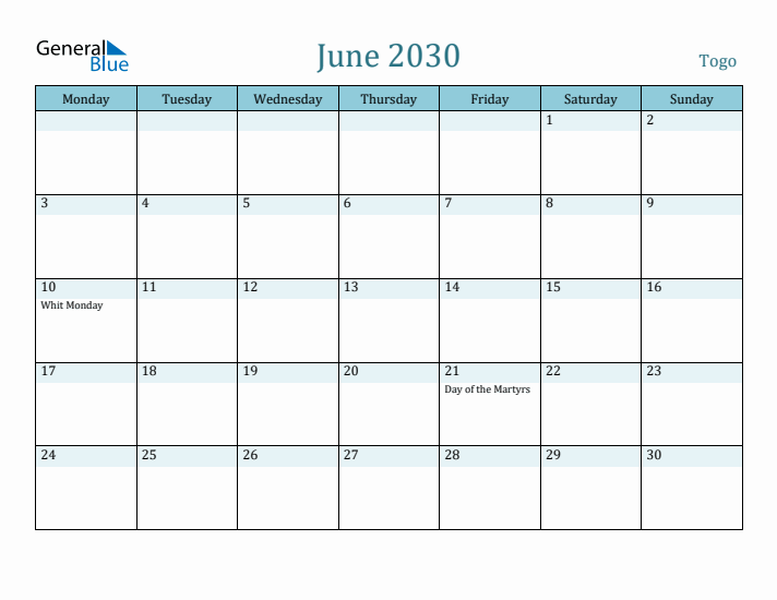 June 2030 Calendar with Holidays