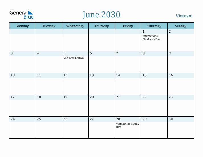 June 2030 Calendar with Holidays